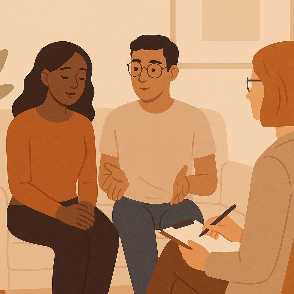 A couple in a therapy-like setting learning to listen and respond calmly