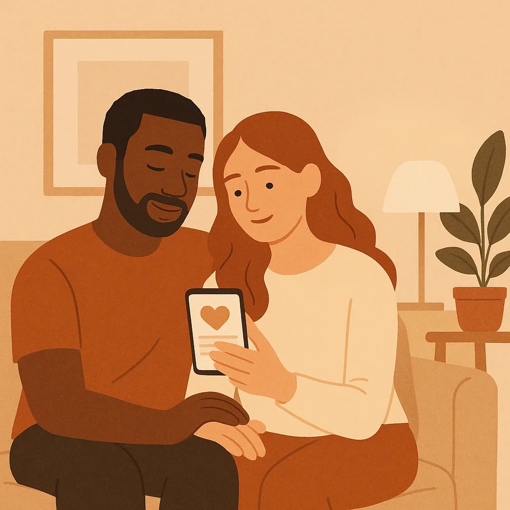 A couple using a guided relationship app together at home
