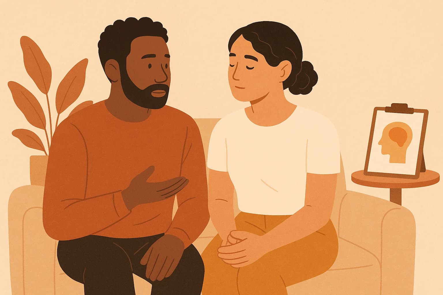 A couple sitting together and discussing whether therapy could help their relationship