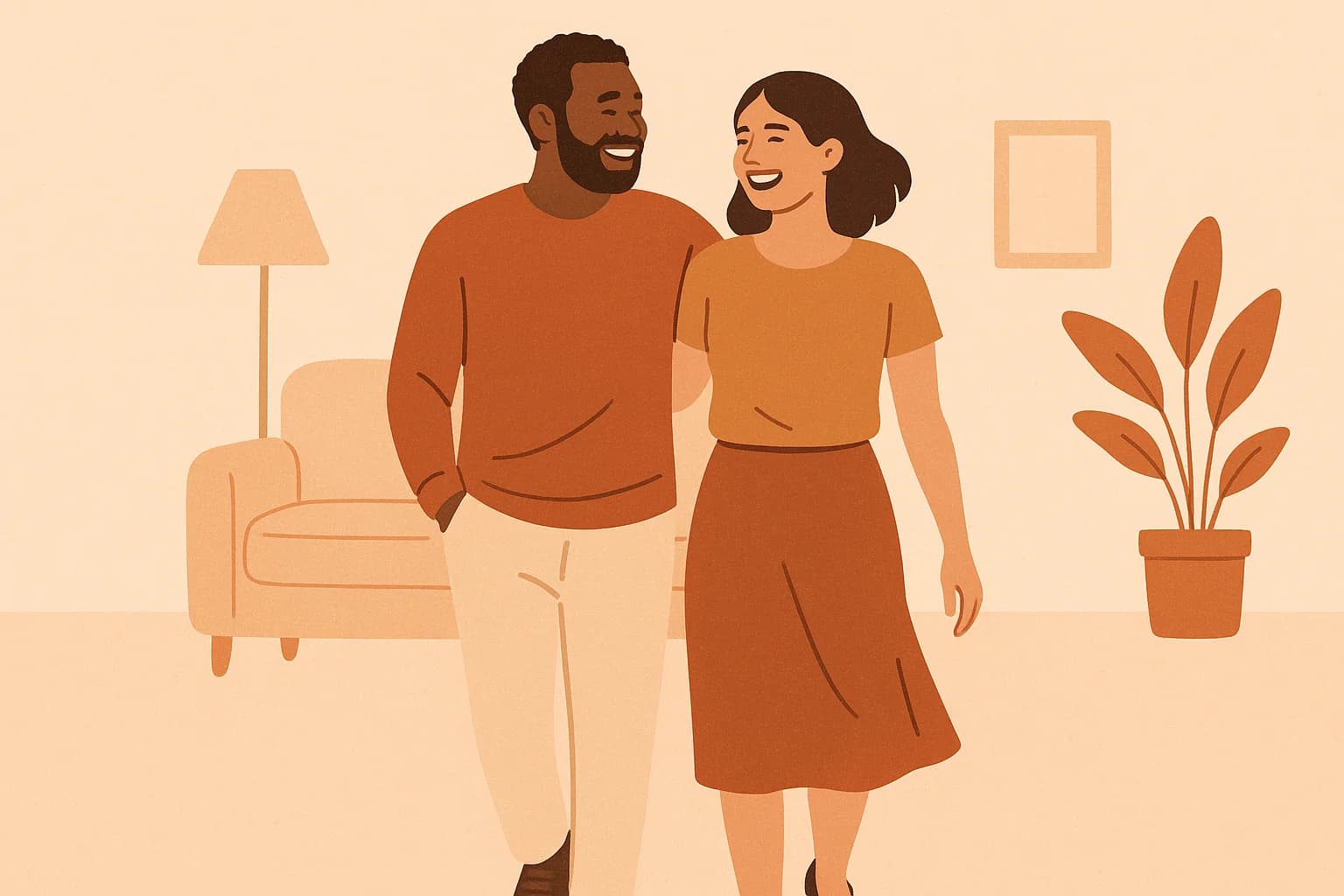 A couple walking together outdoors, laughing and looking relaxed and connected