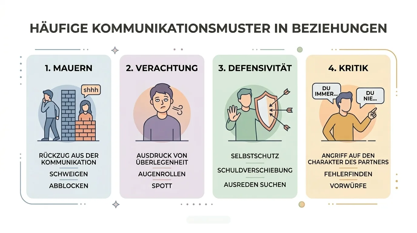 Illustration der vier häufigsten destruktiven Kommunikationsmuster in Beziehungen