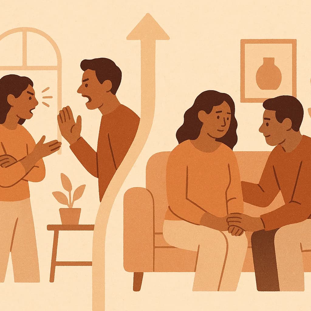 Illustration showing two paths during relationship conflict: escalation versus healthy resolution