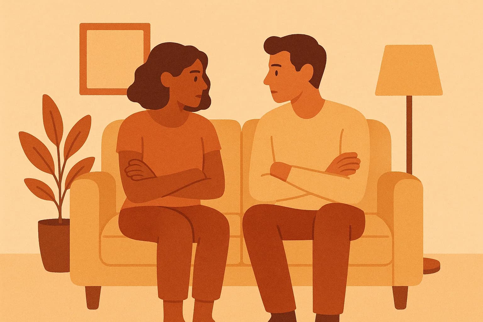 A couple sitting apart on a couch, looking tense but calm, facing each other in a warm home setting