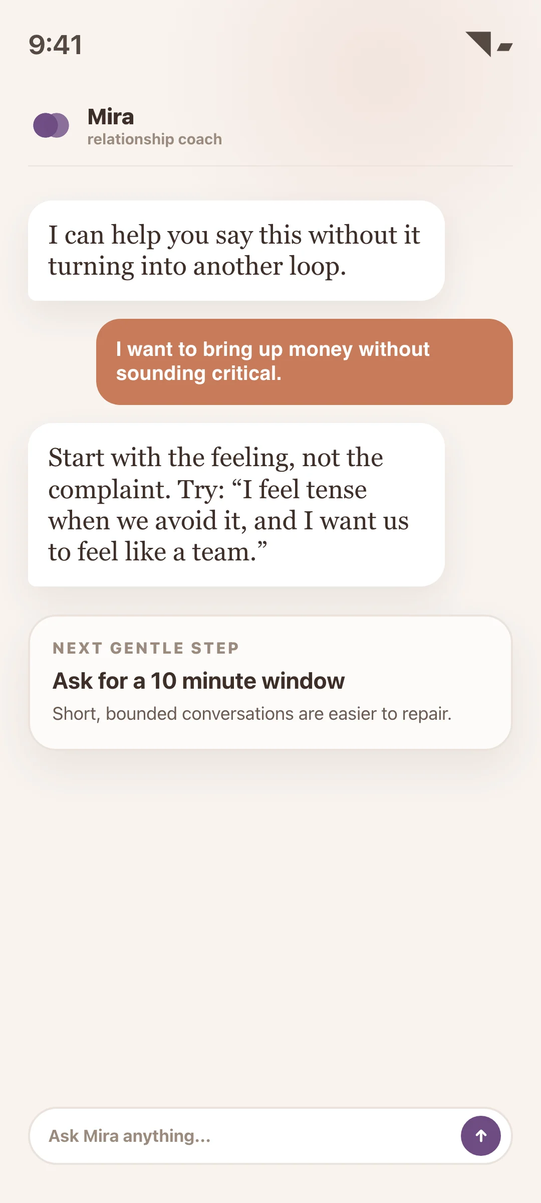 Mira coaching conversation in The Listening Loft app