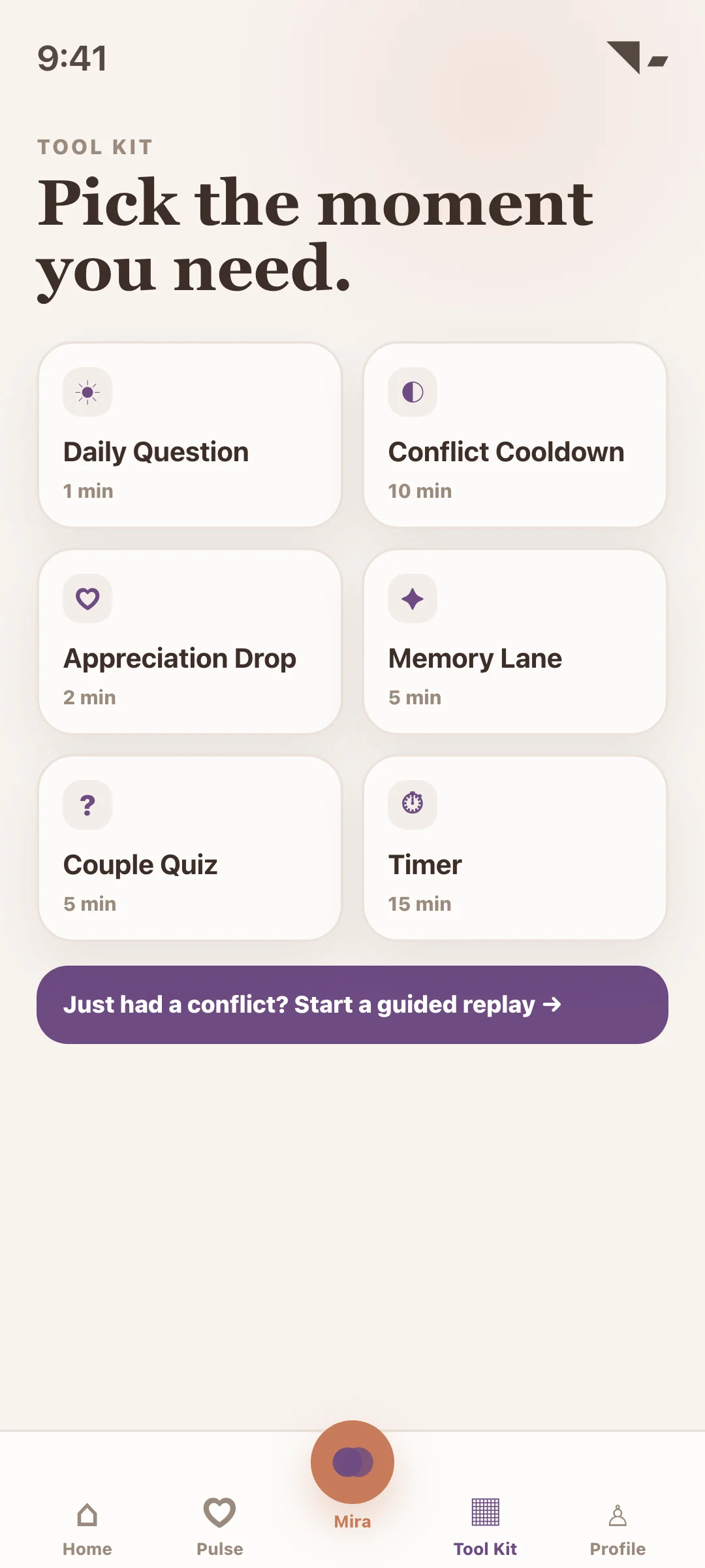 The Listening Loft app Tool Kit screen with relationship formats